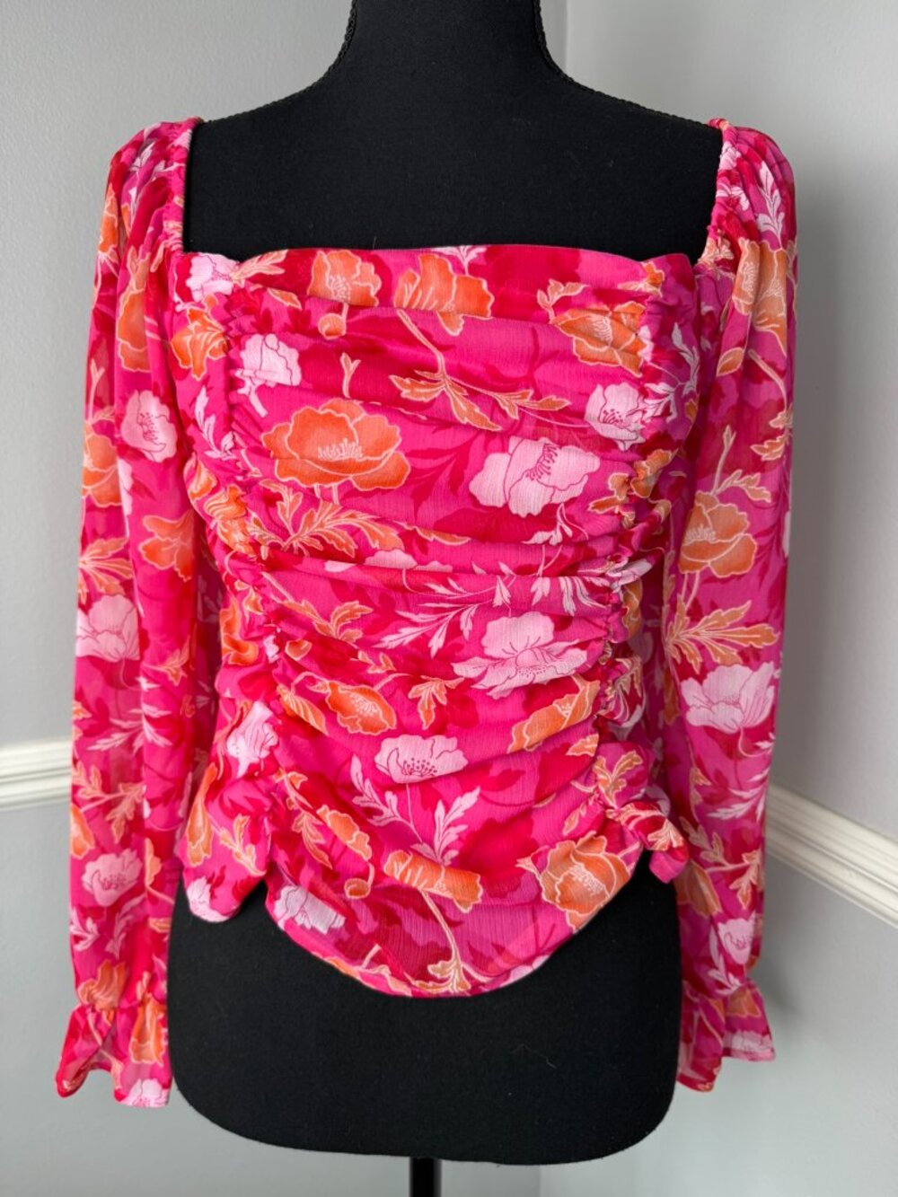 Pleione S Tropical Floral Print Crop Top Pink Ruched Boho Fairy College Party